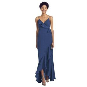 Dessy Collection Social Bridesmaids Blue 8198 Crepe Ruffled High Low Wrap Dress